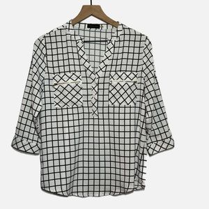 Mittoshop black and white window pane plaid 3/4 sleeve career blouse top S